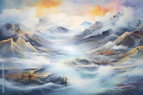 ethereal valley above clouds. abstract landscape art, painting background, wallpaper