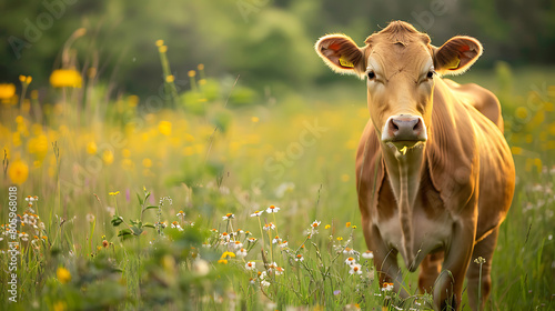 A brown white calf standing in the meadow looking at camera