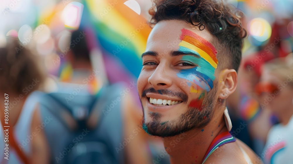 A man with face paint in the colors of the rainbow flag has a big smile. He's wearing a colorful costume and a headdress with red, yellow, blue, and green feathers. LGBT+ parade behind	
