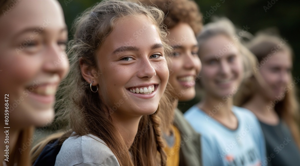 a group of young people smiling, outdoor setting, happy teenage friends. generative AI