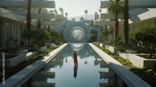 A woman in a red dress standing in a reflecting pool in a courtyard surrounded by white buildings and palm trees. AIG51A.
