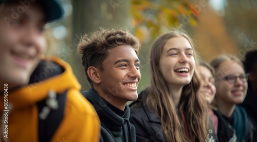 a group of young people smiling, outdoor setting, happy teenage friends. generative AI