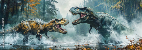 2 Dinosaurs fighting with each other in the forest