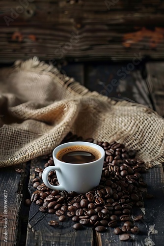 Coffee cup and saucer on a wooden table. Dark background.