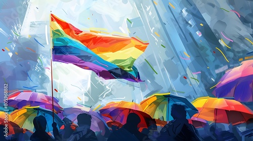 In a pride parade, a diverse group marches through city streets, celebrating love, acceptance, and equality. The rainbow flag waves proudly, symbolizing unity in the LGBTQ+ community photo