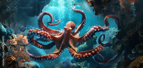 An agile octopus expertly navigating through a maze of underwater caves with precision and grace.  photo