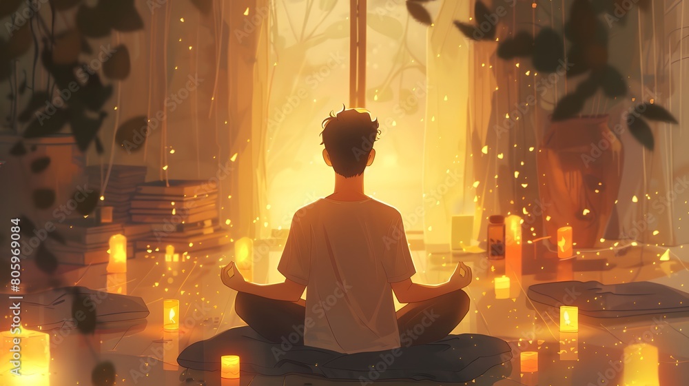 A man anime character illustration has meditation in a quiet room at home, a character creates their own sanctuary for meditation, surrounded by soft cushions and flickering candles A man anime character illustration has meditation in a quiet room at home, a character creates their own sanctuary for meditation, surrounded by soft cushions and flickering candles
