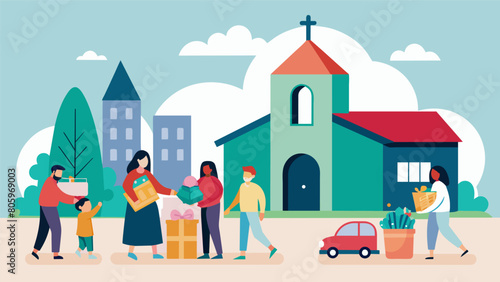 A secondhand toy drive being held at a small church with community members dropping off bags of donated toys as they come to worship.. Vector illustration