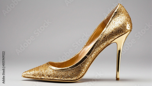 A sparkly gold stiletto heel with a pointed toe.