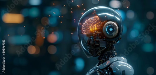 A futuristic android displaying its internal brain and intricate circuitry, illustrating advanced artificial intelligence. photo