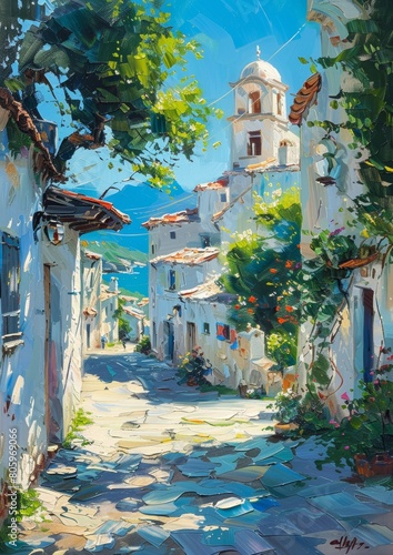 An oil painting street scene a picture with life, sunshine
