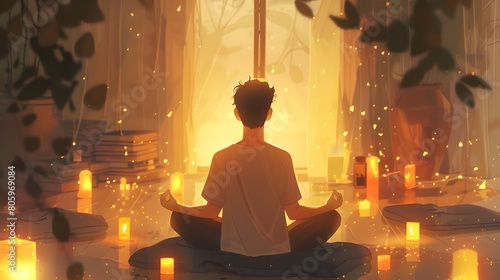 A man anime character illustration has meditation in a quiet room at home  a character creates their own sanctuary for meditation  surrounded by soft cushions and flickering candles