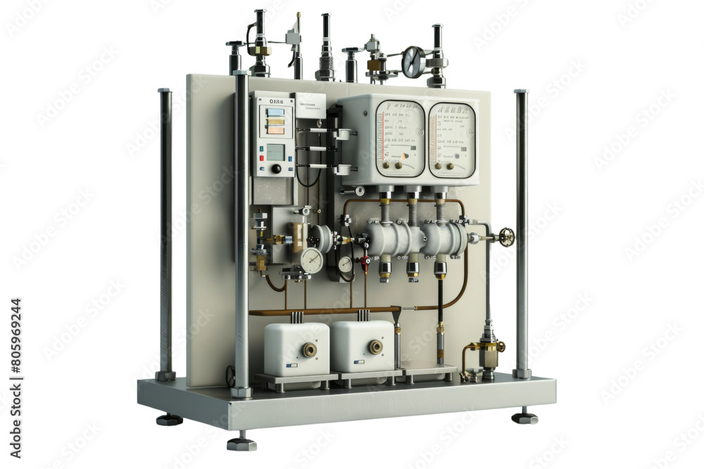 A white machine with two gauges and a red button. The machine is made of metal and has a white background