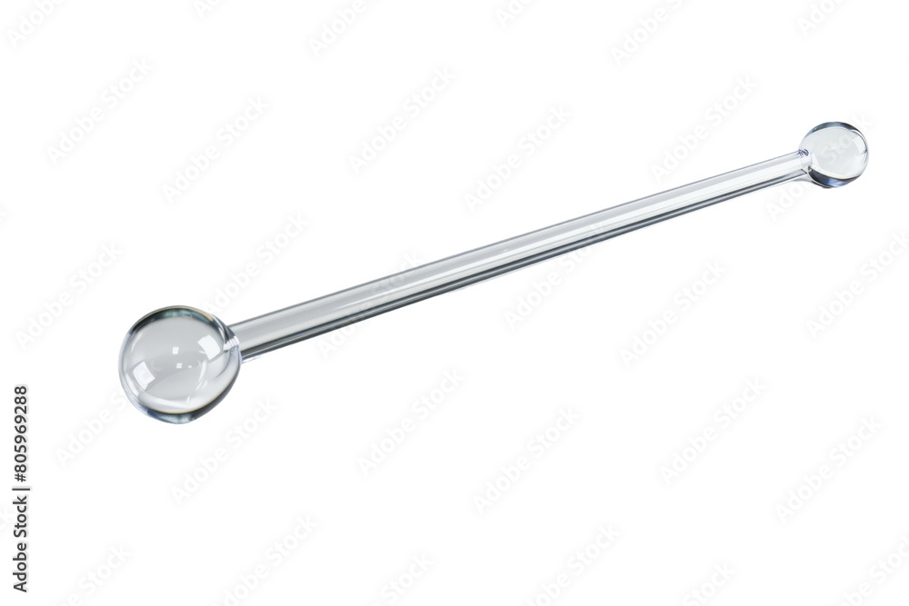 A long, thin, clear glass object with a round end A long, thin, clear glass object with a round end