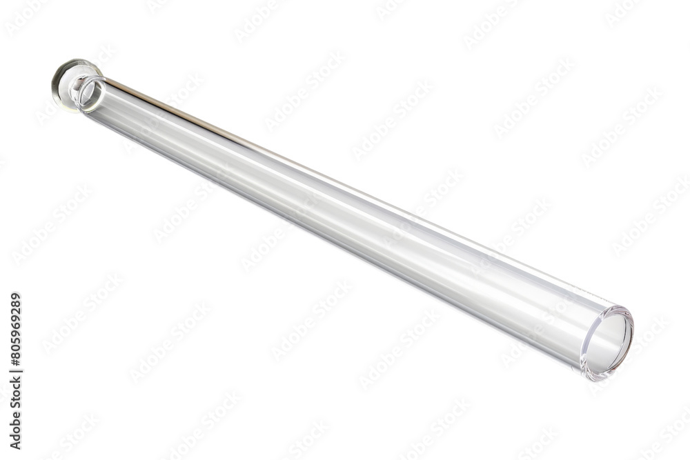 A long, clear tube is shown on a white background. The tube is made of glass and he is a hollow tube A long, clear tube is shown on a white background. The tube is made of glass and he is a hollow tube