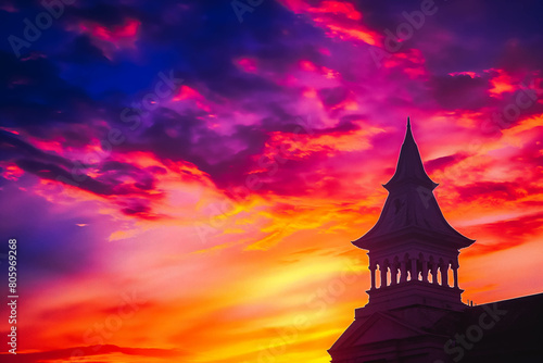 An architectural landmark with a striking silhouette, standing tall against the backdrop of a vibrant sunrise sky.