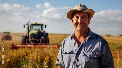 An American Happy farmer in a hat stands in a field. A tractor is ready to resume its duties in the agricultural landscape.