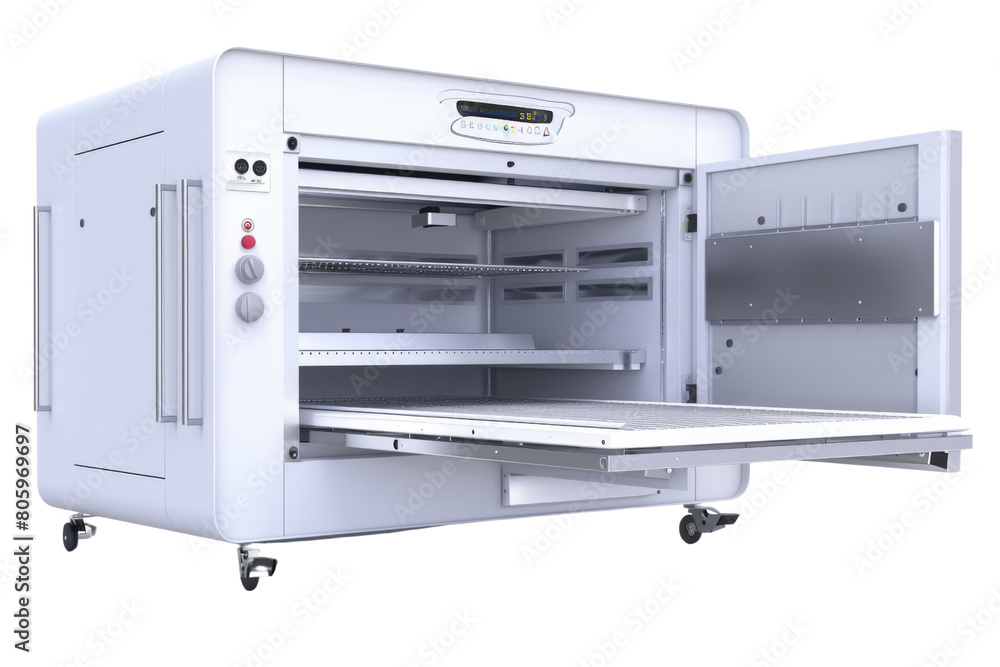 A white oven with a black knob and a red button. The oven is open and has a tray inside A white oven with a black knob and a red button. The oven is open and has a tray inside