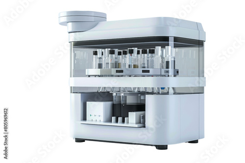A white machine with many compartments and tubes. The tubes are labeled with numbers and letters. The machine is designed to hold and process many different types of liquids