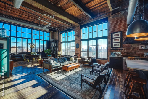 An interior shot of a chic urban loft flooded with natural light, showcasing industrial design elements against a backdrop of blue sky.