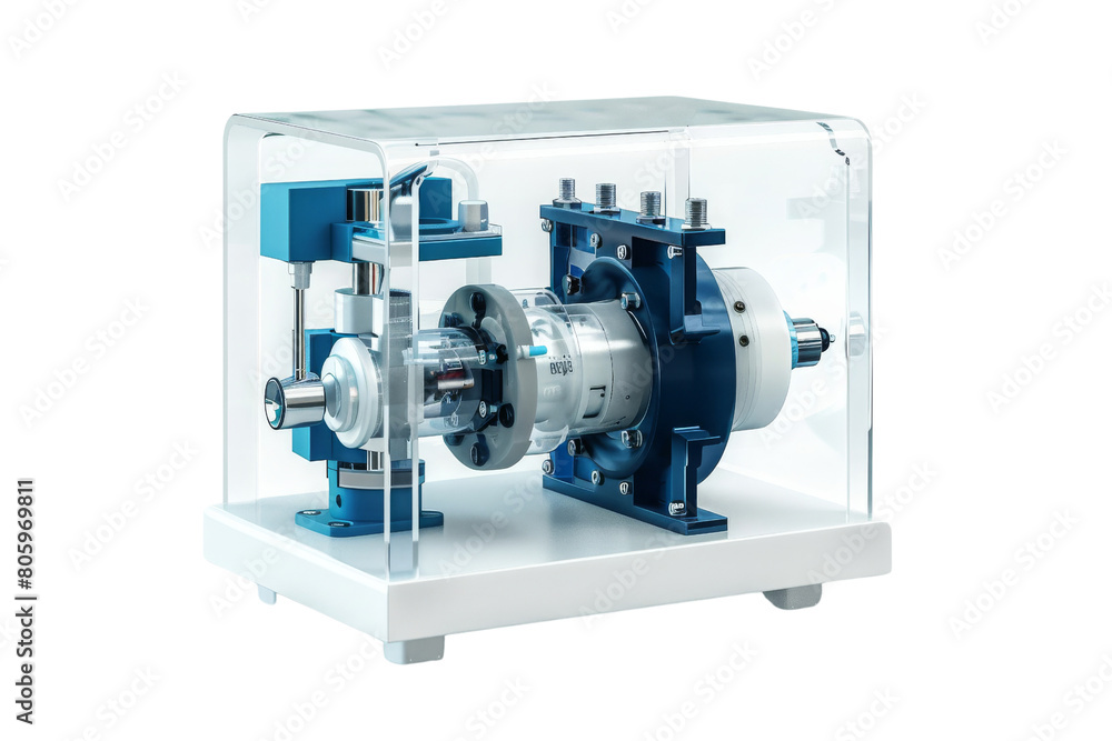 Fototapeta premium A machine is in a clear case. The machine is blue and white