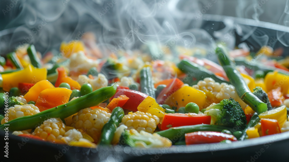 sizzling vegetables in a cast iron pan, focused on the vibrant colors and steam sizzling vegetables in a cast iron pan, focused on the vibrant colors and steam