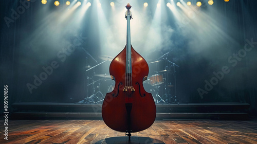Resonant Double Bass A double bass standing upright on a stage its towering presence and deep resonance ready to underpin orchestral compositions or jazz ensembles. photo
