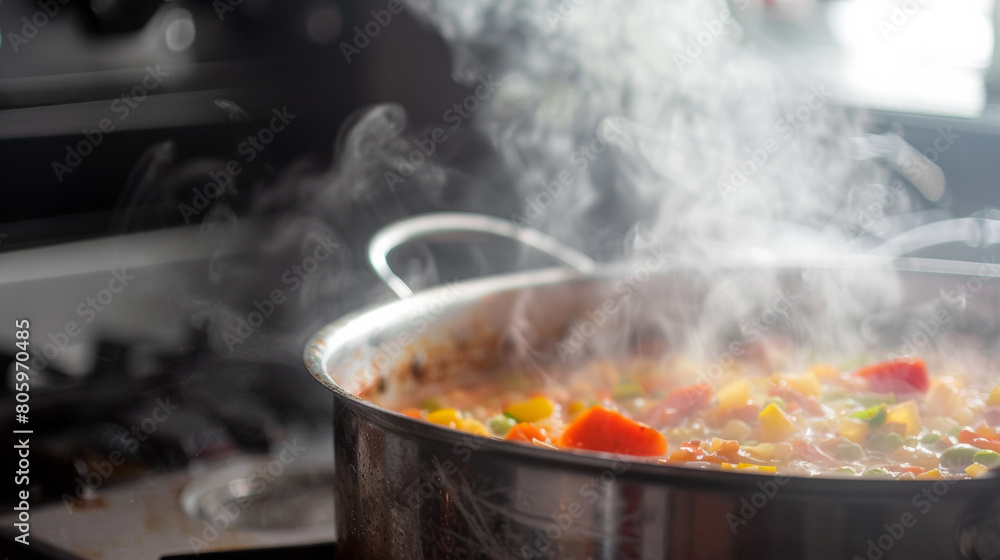 a steaming pot on an old stove, showcasing a bubbling stew with vibrant colors a steaming pot on an old stove, showcasing a bubbling stew with vibrant colors