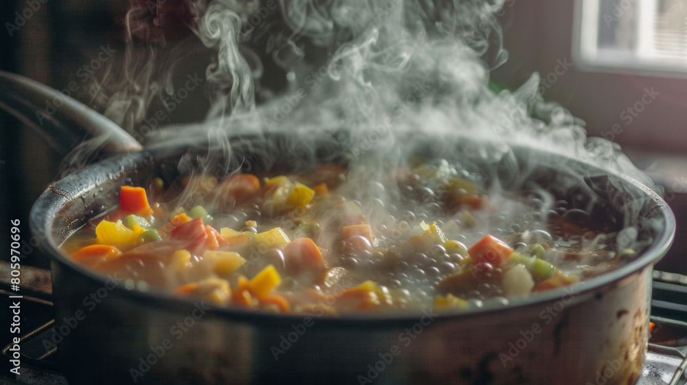a steaming pot on an old stove, showcasing a bubbling stew with vibrant colors
