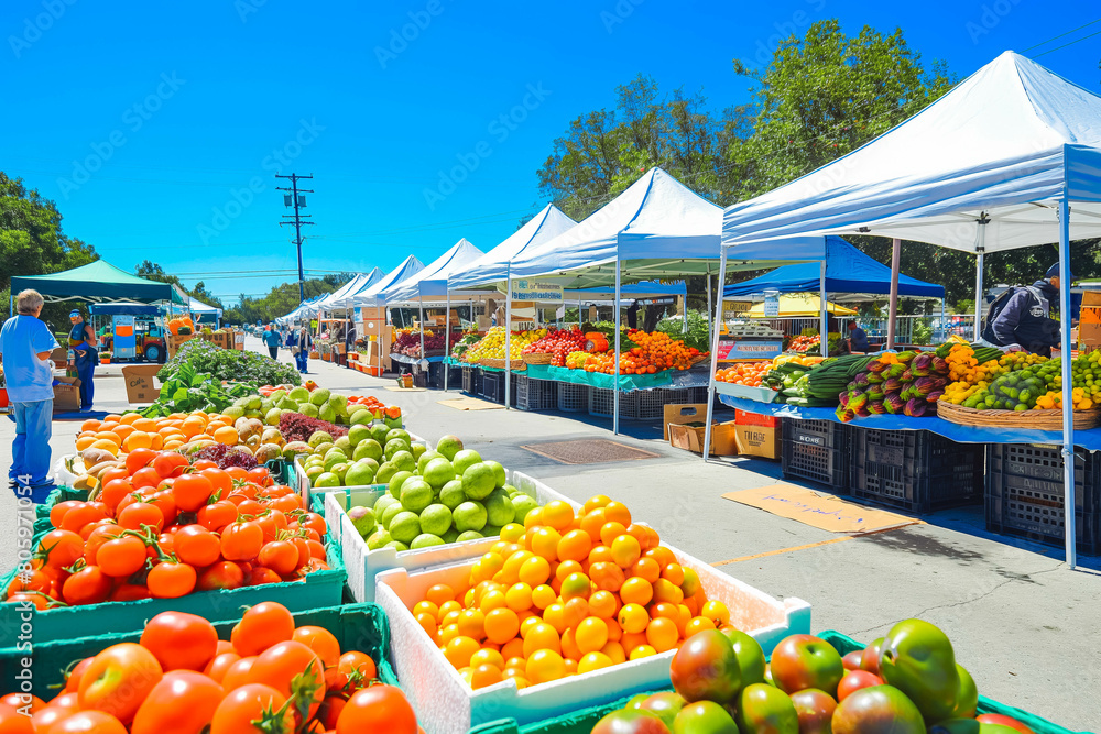 A bustling farmers market with colorful fruits and vegetables on display, under a bright blue sky with white tents.