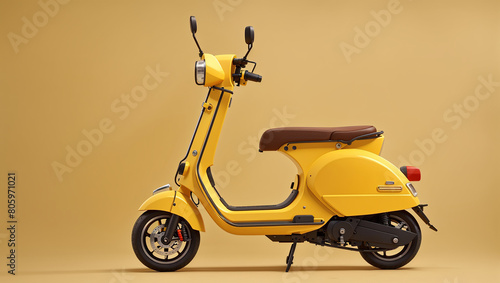 A yellow scooter is sitting against a beige background.