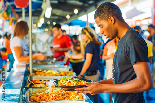A bustling food court filled with vendors offering a variety of cuisines from around the world. A Black man savors a delicious plate of Pad Thai