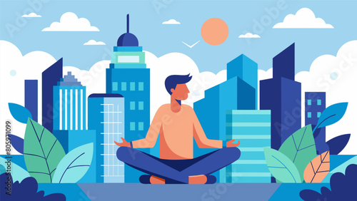 Amidst the hustle and bustle of a busy city a man finds a moment of peace and calm as he meditates on a rooftop garden.. Vector illustration