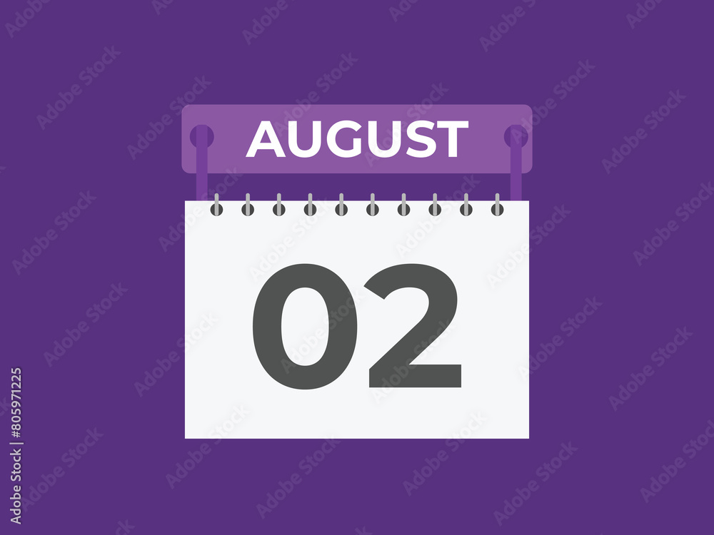 August 2 calendar reminder. 2 August daily calendar icon template. Calendar 2 August icon Design template. Vector illustration
August 2 calendar reminder. 2 August daily calendar icon template. Calendar 2 August icon Design template. Vector illustration