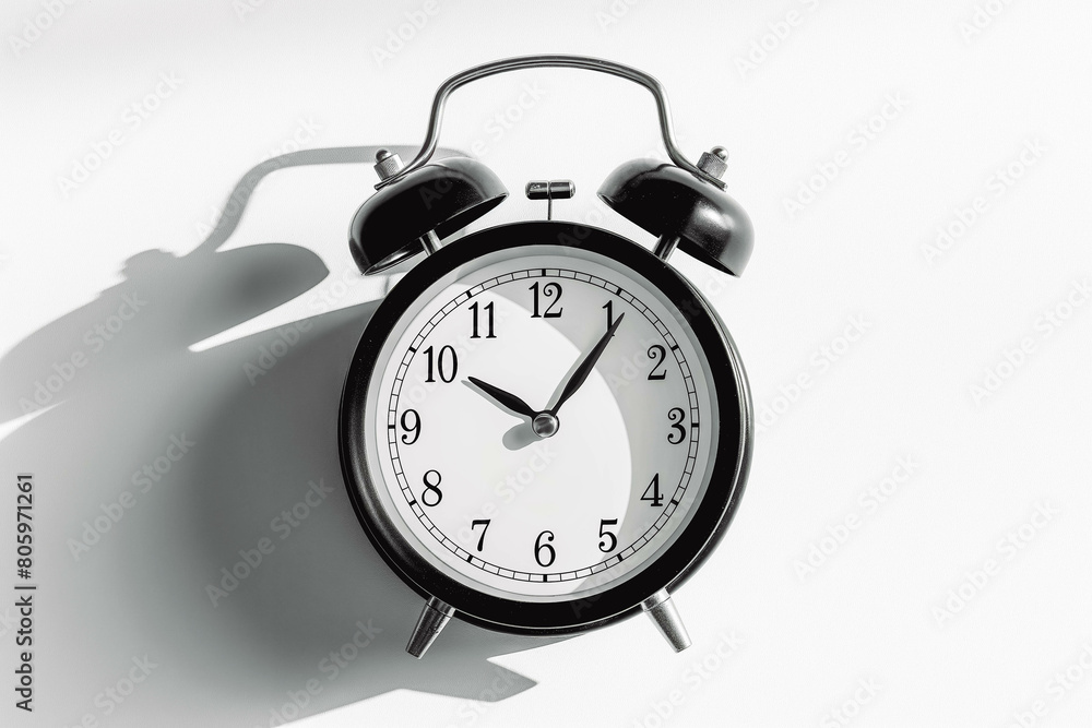 A classic alarm clock with a black case and two glowing hands, set for a specific time, casting a long shadow on a clean white background. A classic alarm clock with a black case and two glowing hands, set for a specific time, casting a long shadow on a clean white background.