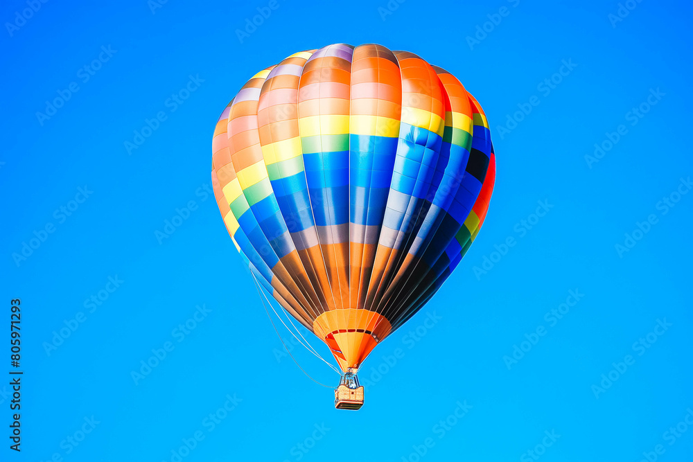 A classic hot air balloon with a colorful striped pattern, inflated and ready for takeoff, against a clear blue sky (achieve with background option). A classic hot air balloon with a colorful striped pattern, inflated and ready for takeoff, against a clear blue sky (achieve with background option).