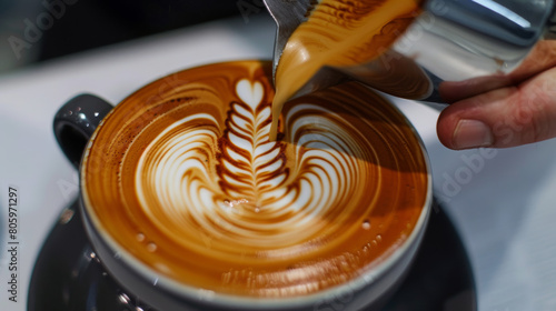 a barista crafting latte art, focusing on the precision of the pour and the contrast of the coffee