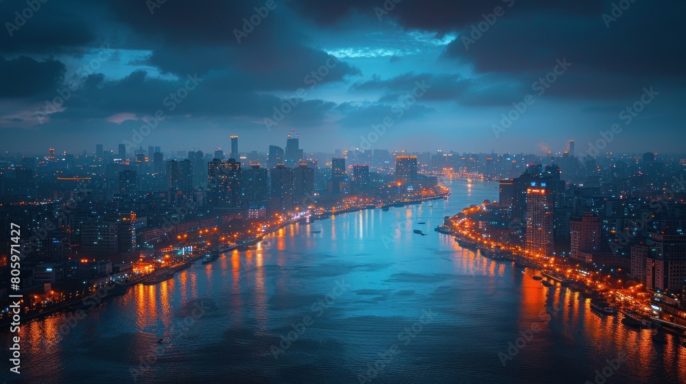 Beautiful aerial city view at night with sparkling