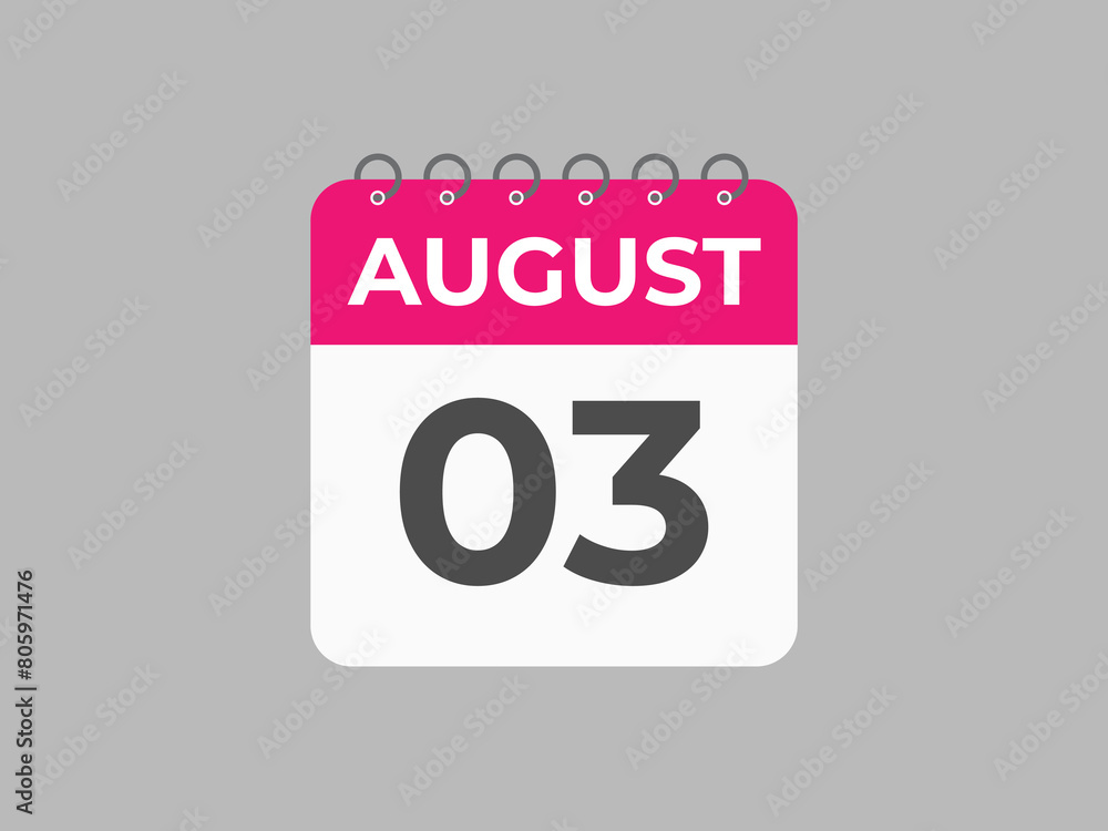 August 3 calendar reminder. 3 August daily calendar icon template. Calendar 3 August icon Design template. Vector illustration
August 3 calendar reminder. 3 August daily calendar icon template. Calendar 3 August icon Design template. Vector illustration