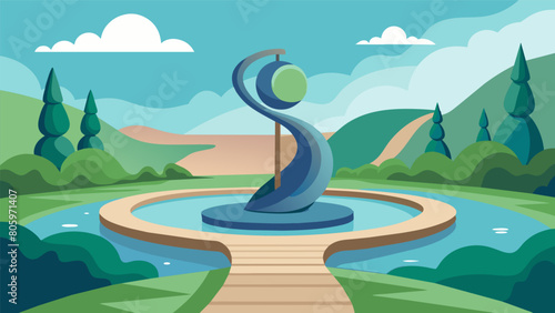 The trail leads you to a serene pond where a kinetic sculpture powered by the movement of the water invites you to take a moment to admire its beauty. Vector illustration