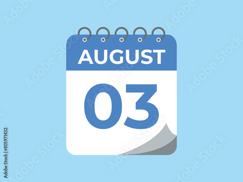 August 3 calendar reminder. 3 August daily calendar icon template. Calendar 3 August icon Design template. Vector illustration 