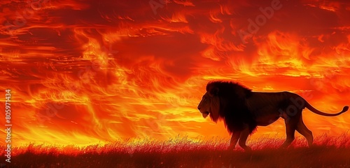 A majestic lion prowling through tall grass, its powerful stride captured in stunning detail.