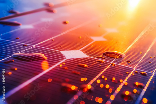 A close-up of a solar panel with sunlight reflecting off its surface, highlighting the technology that harnesses clean energy for a sustainable future. photo