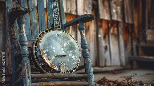 Bluegrass Banjo A vibrant bluegrass banjo resting against a wooden chair its metal strings and resonator plate hinting at the lively twang of Appalachian music. photo