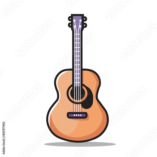 Illustration Vector Graphic Cartoon of an Acoustic Guitar with Strings, Fretboard, and Sound Hole in Realistic Style
