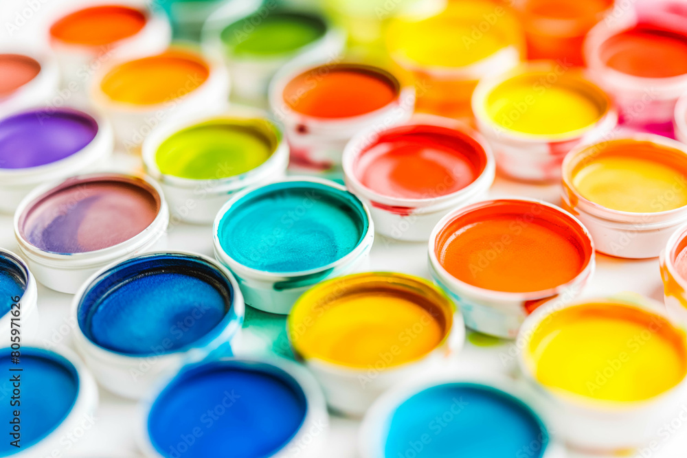 A collection of vibrant watercolor paints, each hue ready to bring artistic visions to life, arranged neatly on a white tabletop. A collection of vibrant watercolor paints, each hue ready to bring artistic visions to life, arranged neatly on a white tabletop.