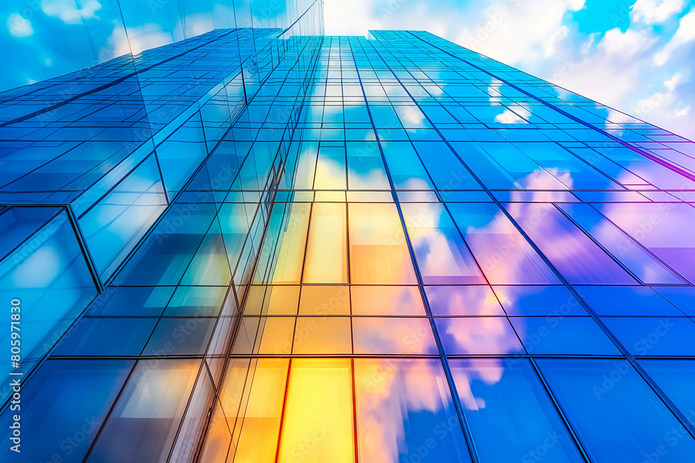Fototapeta premium A contemporary office building with glass facades reflecting the vibrant colors of the morning sky.