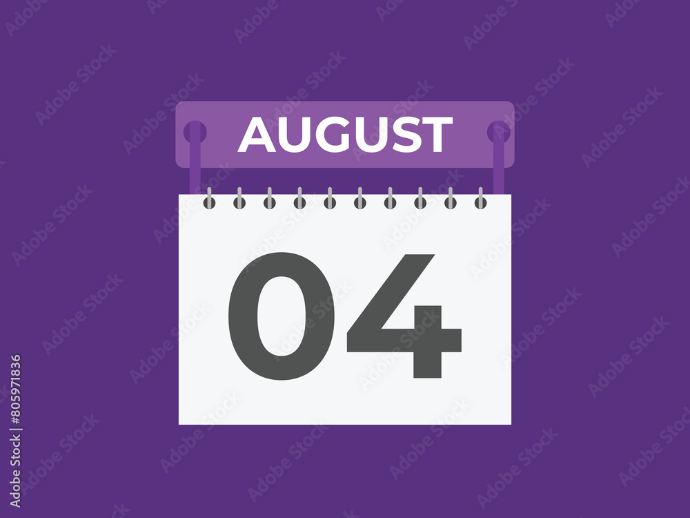 August 4 calendar reminder. 4 August daily calendar icon template. Calendar 4 August icon Design template. Vector illustration
August 4 calendar reminder. 4 August daily calendar icon template. Calendar 4 August icon Design template. Vector illustration