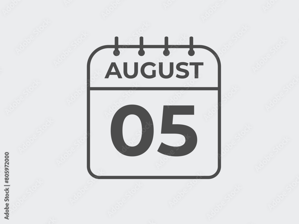 August 5 calendar reminder. 5 August daily calendar icon template. Calendar 5 August icon Design template. Vector illustration
August 5 calendar reminder. 5 August daily calendar icon template. Calendar 5 August icon Design template. Vector illustration