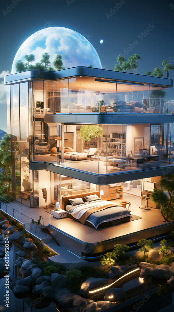 Fototapeta premium Smart Energy Consumption: A smart home with energy-efficient devices and renewable energy sources.